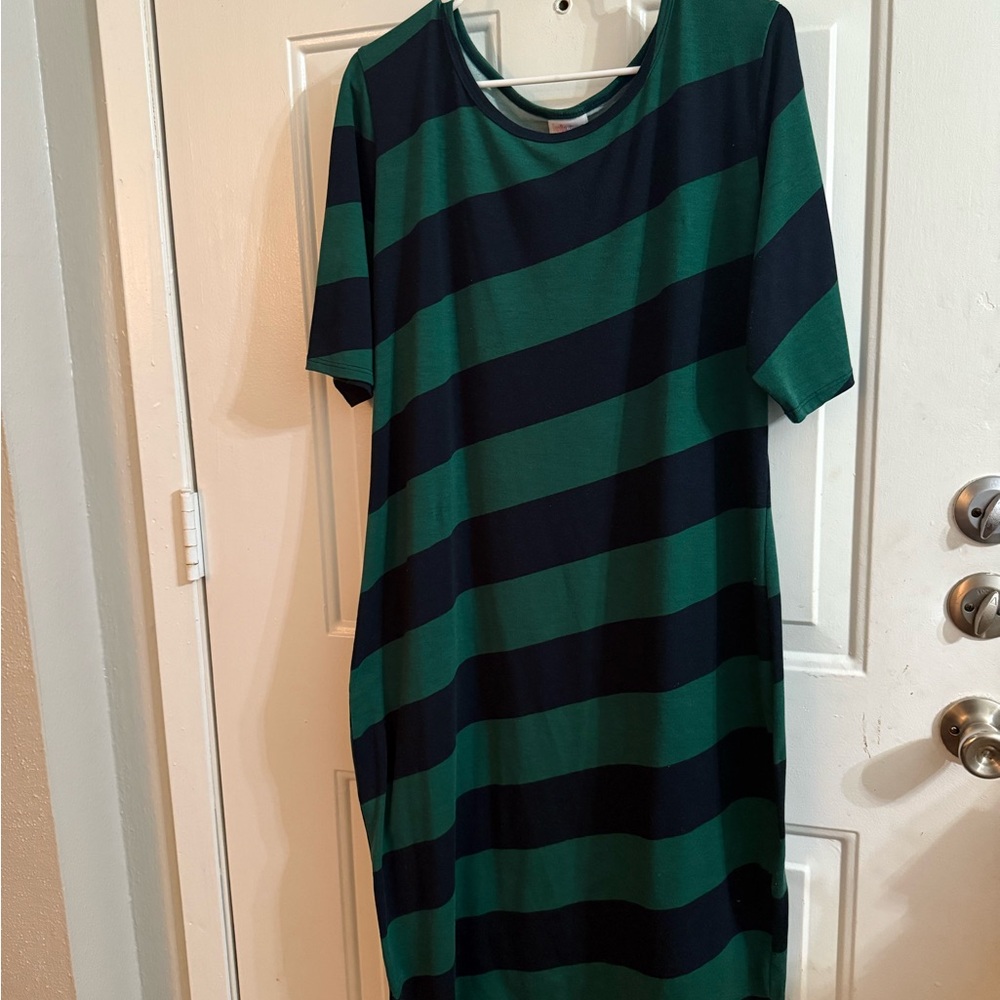 LuLaRoe Green and Navy Striped Midi Dress